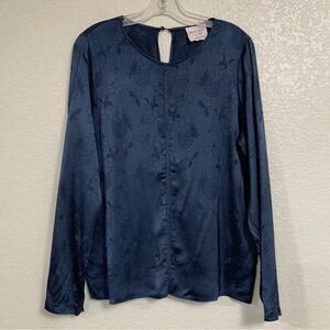 Giada Forte Blouse Top Womens M Satin Embossed Brocade Floral Pineapple Navy